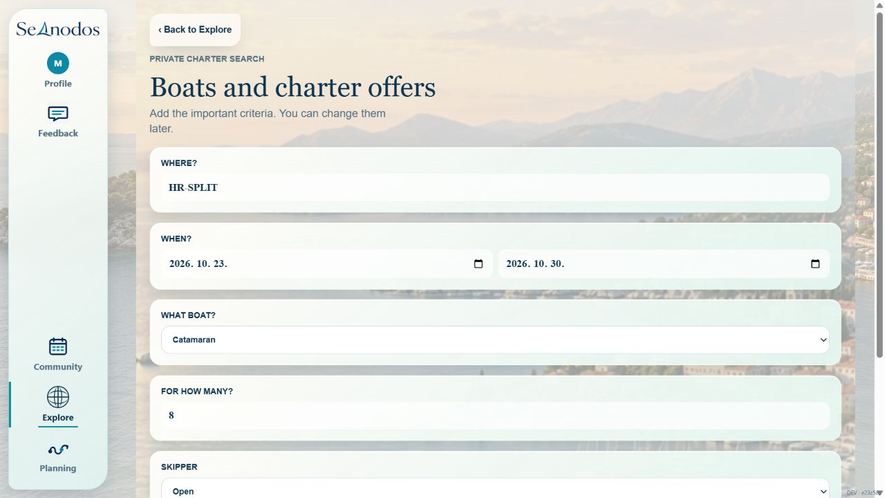 Seanodos private charter search interface