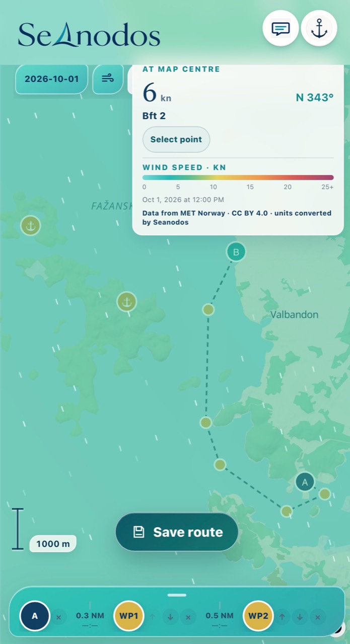 Seanodos Route Planner on a phone, showing the full route, wind information and waypoint controls