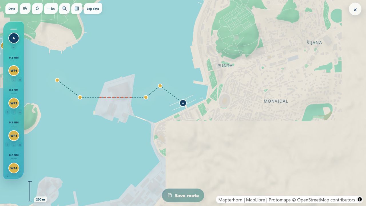 Seanodos Route Planner showing water-based waypoints and a land-crossing warning near Pula